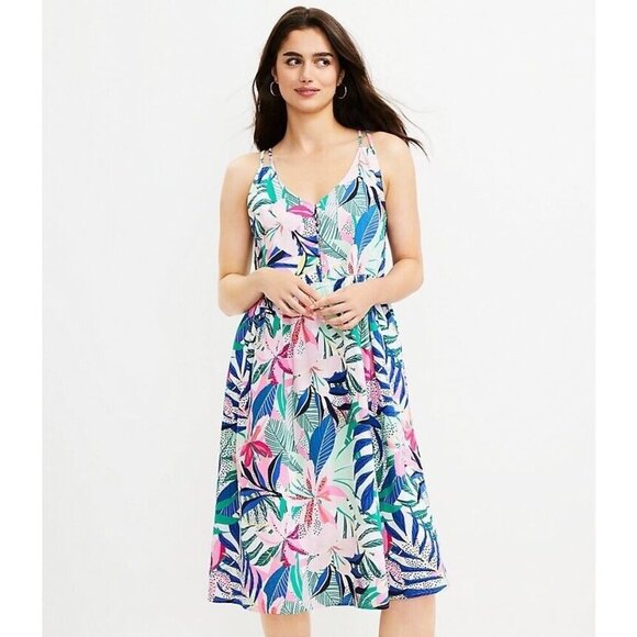 NEW LOFT Palm Double Strap Midi Dress 12 Blue Green Pink Multi Floral 590138 - Picture 1 of 13